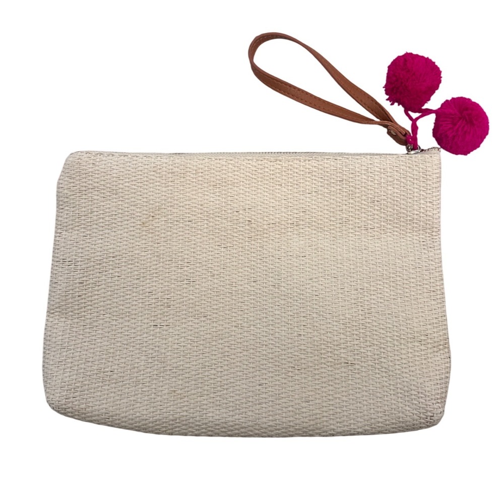 Flamingo Embroidered Woven Straw Wristlet Clutch Bag Beige Pink Pom Poms Summer - Picture 3 of 3